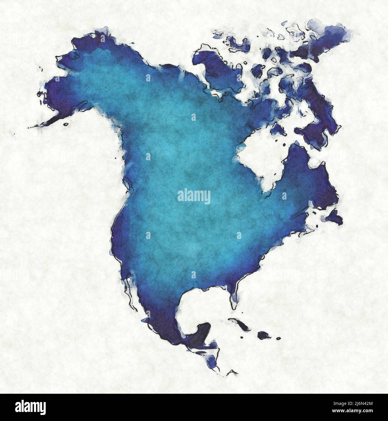 Mappa del Nord America con linee tracciate e illustrazione dell'acquerello blu Foto Stock