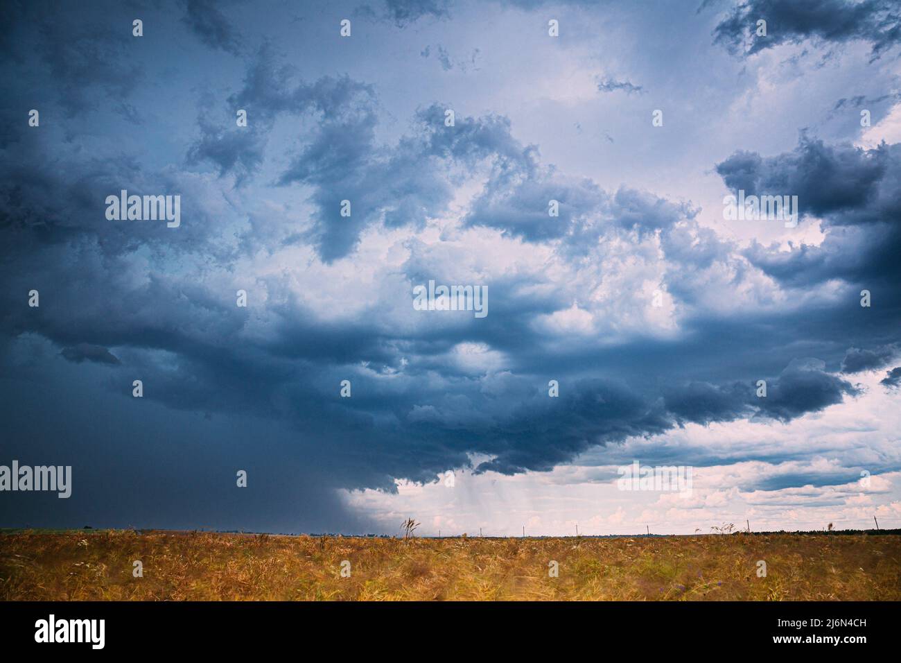 Cielo durante la pioggia Horizon sopra Rural Landscape Field. Concetto di previsione agricola e meteorologica. Tempesta, tuono, tempesta, tempesta, giorno piovoso, Foto Stock
