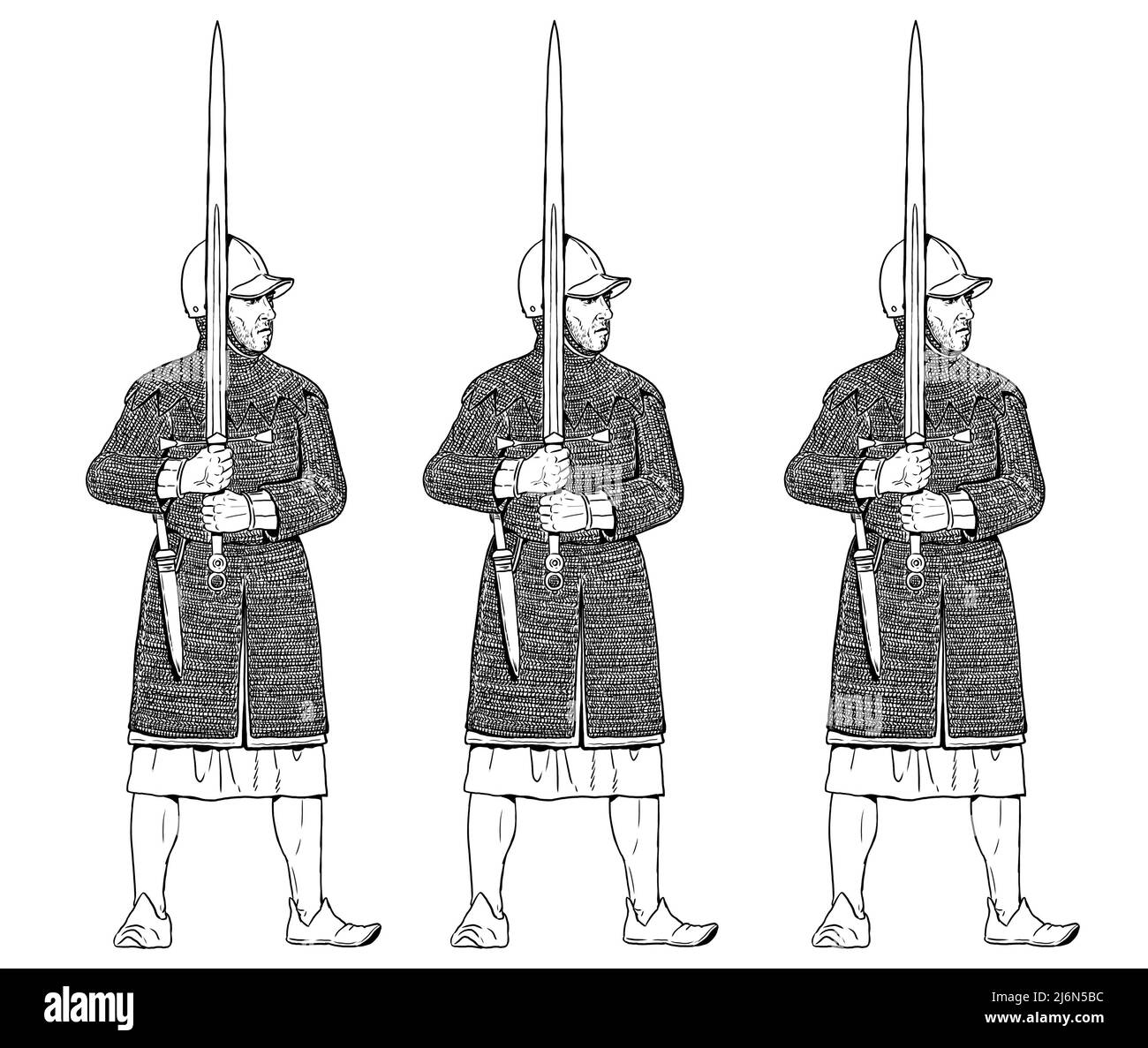 Cavaliere con la lunga spada. Illustrazione medievale del cavaliere. Foto Stock