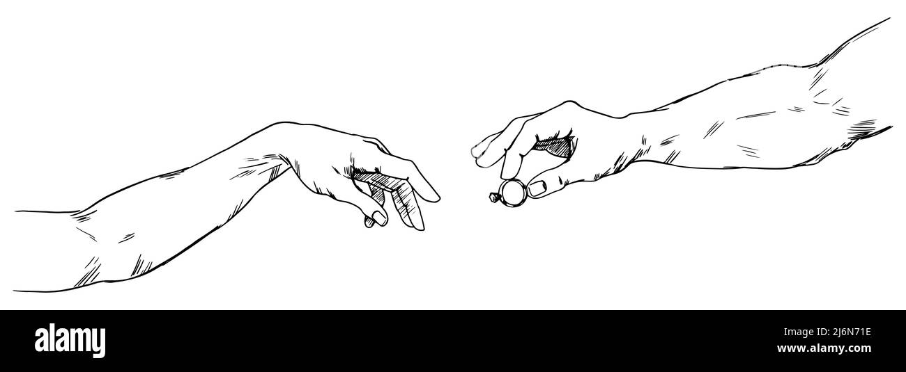 Proposta di matrimonio. La mano di un uomo tiene un anello per la mano di una donna. Mani che si allungano l'una verso l'altra, coinvolgimento. Illustrazione vettoriale in stile di schizzo. Tutti gli elementi sono isolati su sfondo bianco Illustrazione Vettoriale
