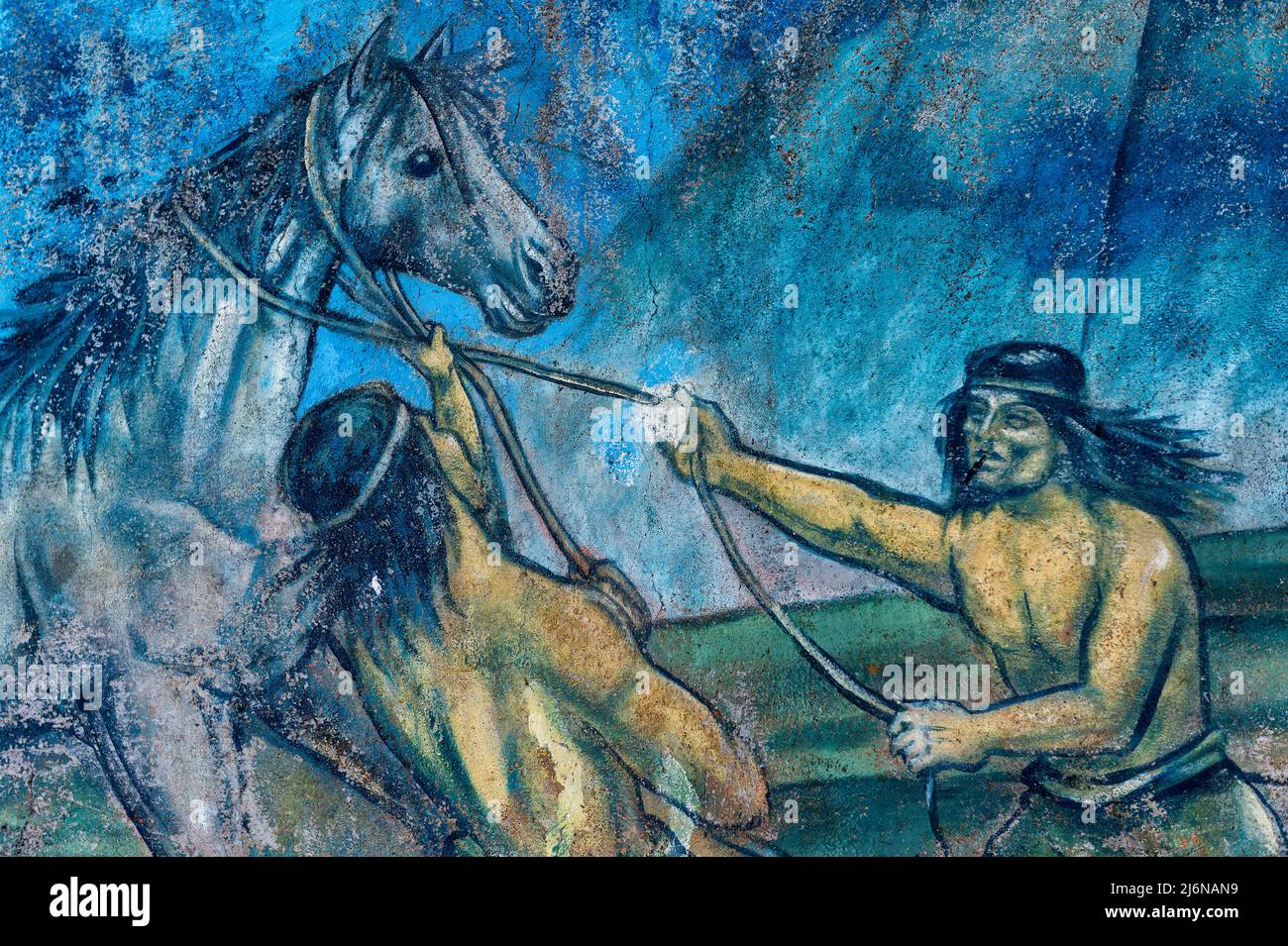 Pittura murale raffigurante il "patrimonio culturale dell'Aonikenk e Kaweshar gruppo etnico", Puerto Natales, Patagonia, Cile Foto Stock