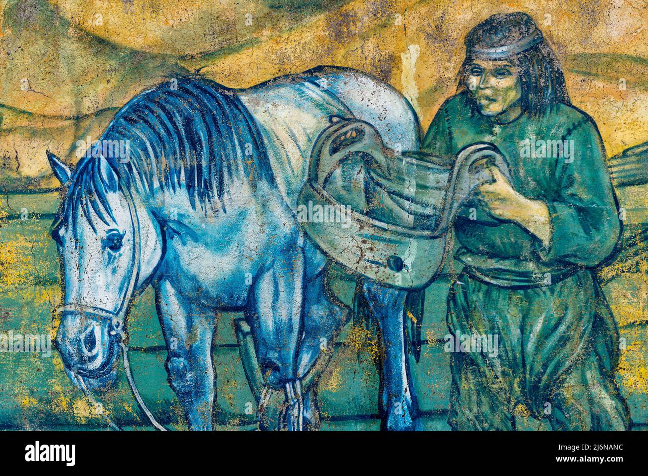 Pittura murale raffigurante il "patrimonio culturale dell'Aonikenk e Kaweshar gruppo etnico", Puerto Natales, Patagonia, Cile Foto Stock