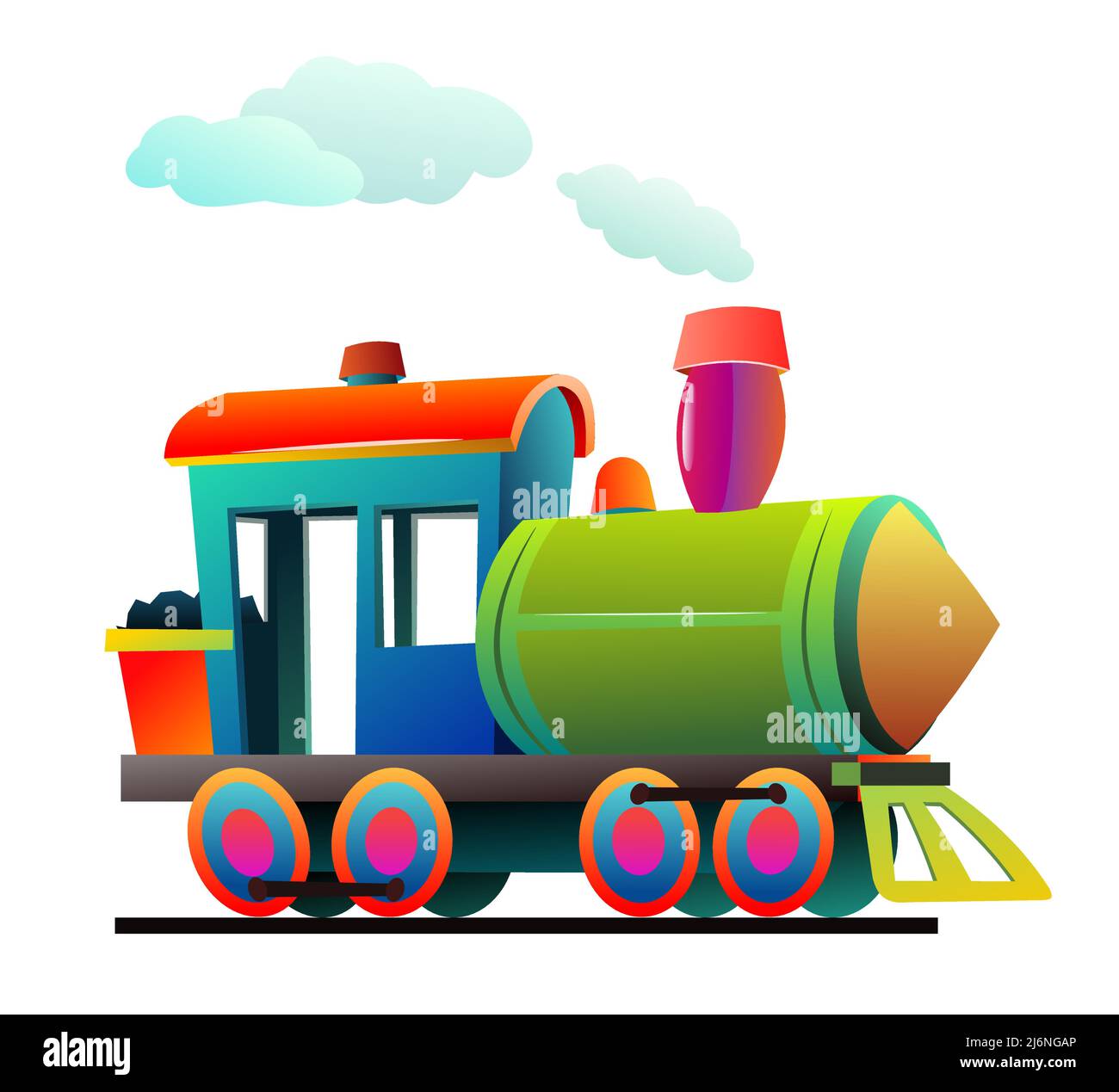 Giro in locomotiva sulla ferrovia. Illustrazione in stile cartone animato. Simpatico bambino. Isolato su sfondo bianco. Vettore. Illustrazione Vettoriale