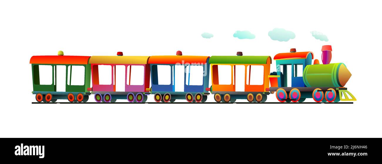 Giro in locomotiva sulla ferrovia. Carri multicolore. Illustrazione in stile cartone animato. Simpatico bambino. Isolato su sfondo bianco. Vettore. Illustrazione Vettoriale
