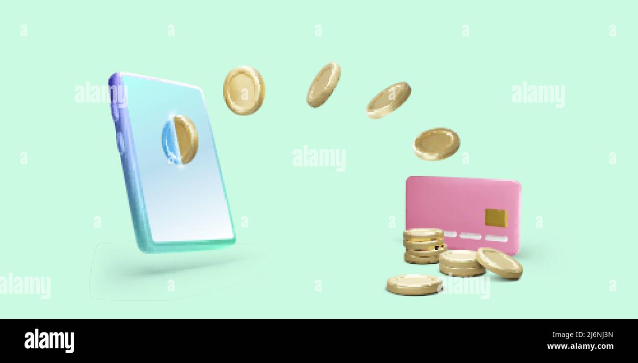 3d cellulare con trasferimento digitale in moneta d'oro su carta di credito. Pagamento online o concetto di transazione. Banner di app mobili aziendali in cartoon realist Illustrazione Vettoriale