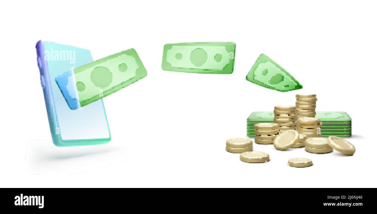 Cellulare monete d'oro stack e carta valuta in realistico stile cartoon. Risparmio di denaro e gestione finanziaria online concetto. Illustratio vettoriale Illustrazione Vettoriale
