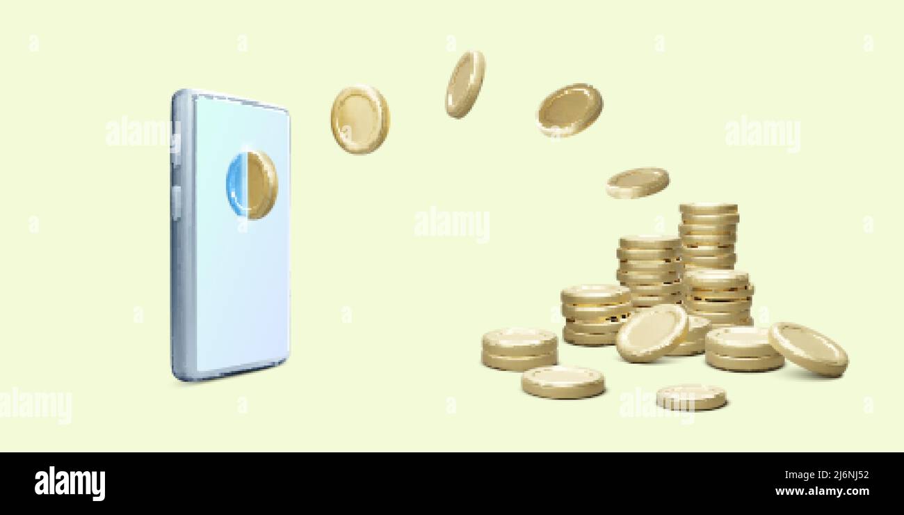 telefono cellulare 3d con trasferimento digitale in moneta d'oro. Pagamento online o concetto di transazione. Banner per app mobili aziendali in stile cartoon realistico. V Illustrazione Vettoriale