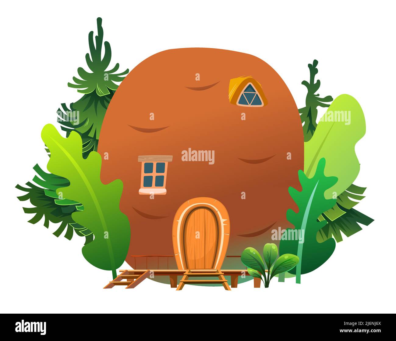 Casa di patate tra l'erba in prato. Illustrazione di fiaba di cartone animato. Insetto abitazione. Isolato su sfondo bianco. Vettore. Illustrazione Vettoriale