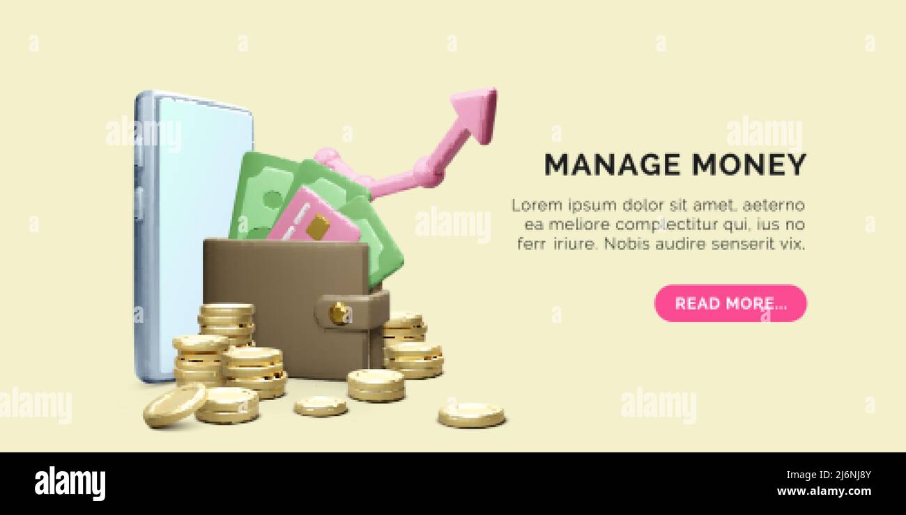 3D banner di gestione del denaro. Portafoglio realistico del telefono cellulare con monete d'oro in valuta cartacea e freccia in alto. App mobile online per la gestione dei finanziamenti. Investimento AN Illustrazione Vettoriale