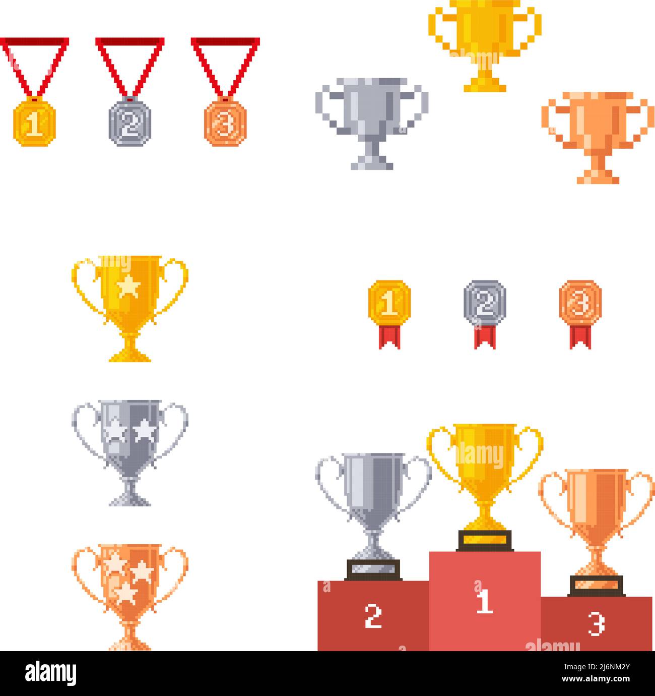 Set di trofei vincitori in oro, argento e bronzo. Primo, secondo e terzo posto trofei logo collezione. sprite a 8 bit. Sviluppo di giochi, app mobile. Isolare Illustrazione Vettoriale