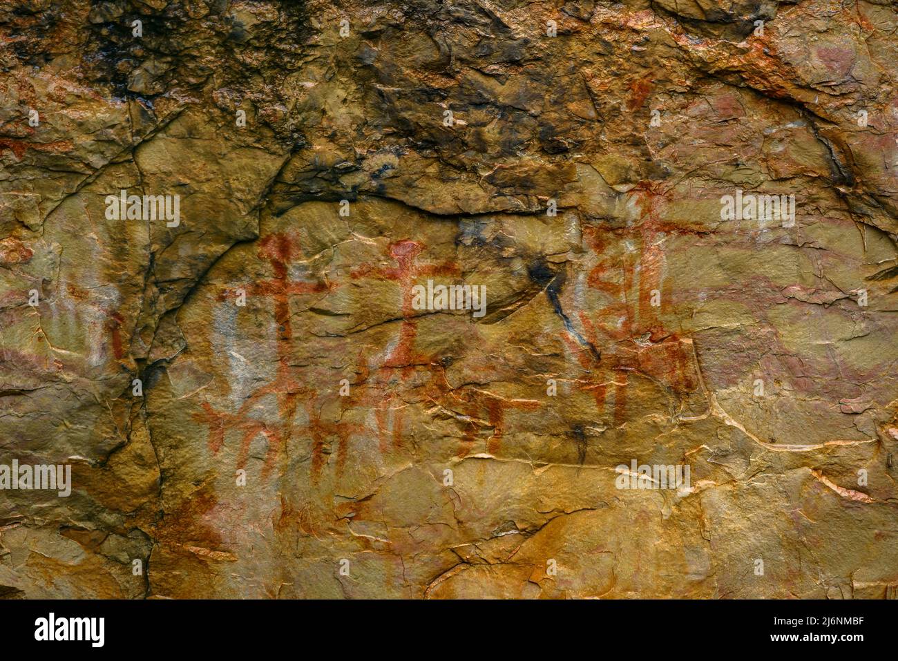 Dipinto rupestre di la Fenellosa, nella gola del Parrizal, nei monti los Puertos de Beceite (Matarraña, Teruel, Aragona, Spagna) Foto Stock