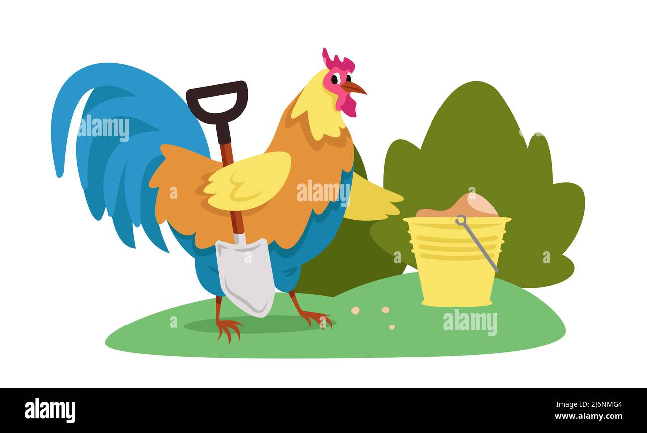 Gallo con pala e secchio. Animale da fattoria in stile cartone animato. Illustrazione Vettoriale