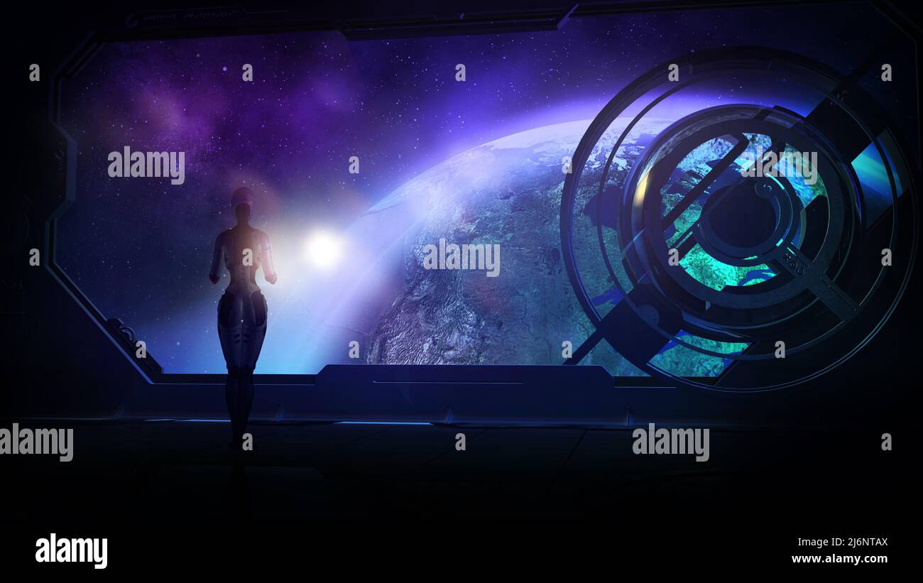 un androide in un'astronave orbitante la Terra, 3D rendering. Foto Stock