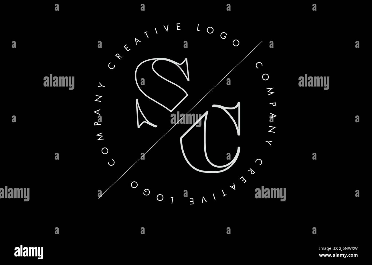 Profilo del logo SC s c lettera con disegno tagliato e intersecato e cornice rotonda. Illustrazione vettoriale con disegno monogramma e cerchio scritto. Illustrazione Vettoriale