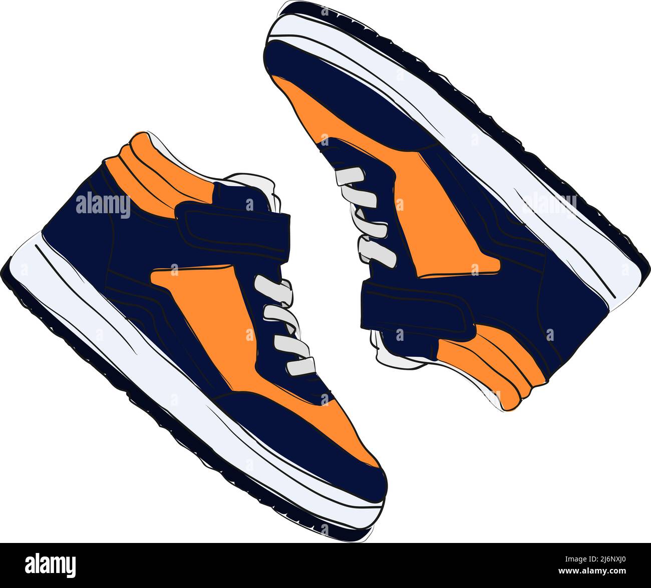 Illustrazione colorata delle sneakers di moda, una sneaker con vista dall'alto, design piatto, scarpe da disegno Sketch Concept, colori arancione e blu navy Illustrazione Vettoriale