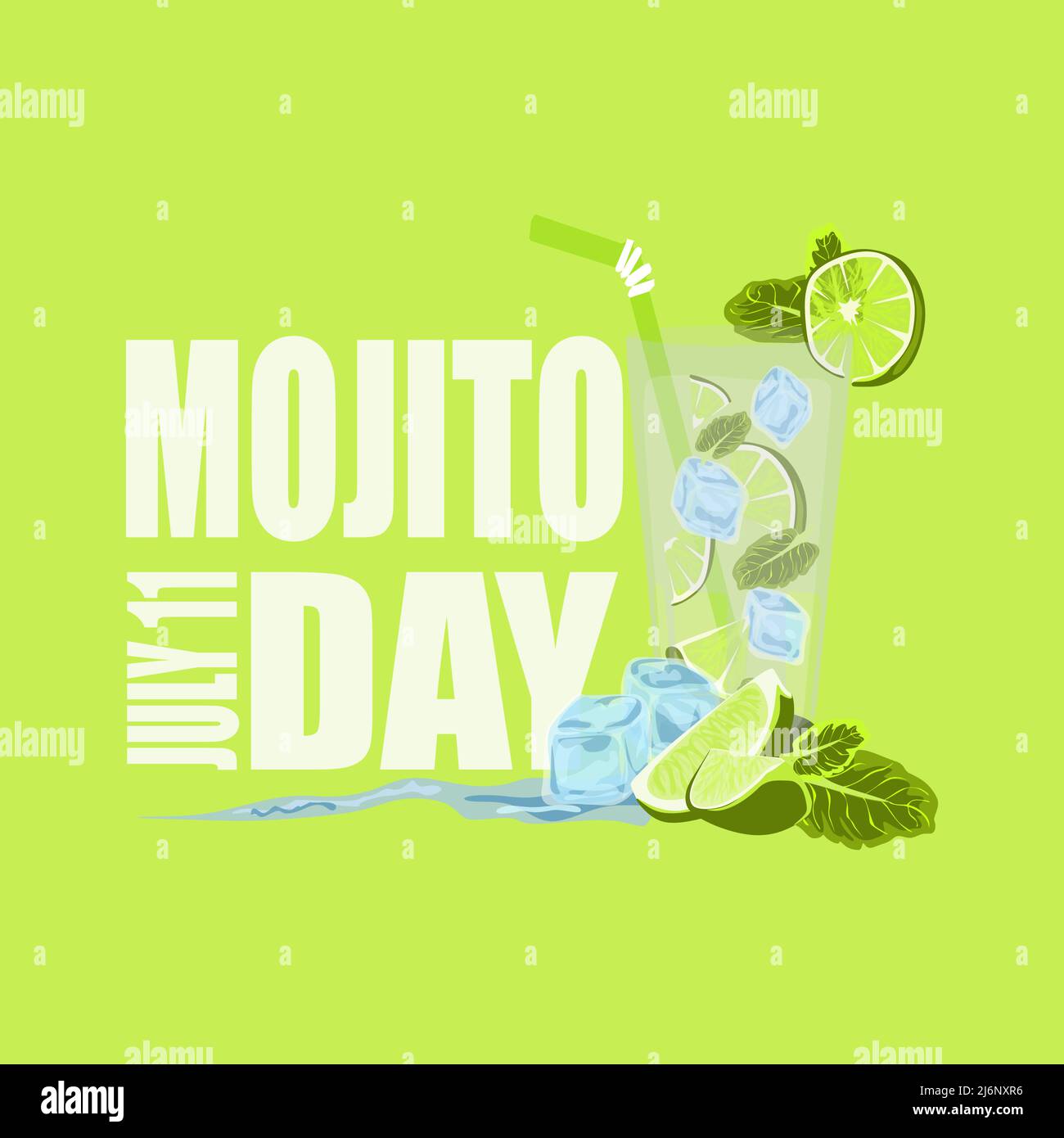 Vettore cartoon illustrazione piatta di isolato classico Mojito cocktail gorgogliante. Bicchiere di mojito fresco con calce, menta, cubetti di ghiaccio e paglia f Illustrazione Vettoriale