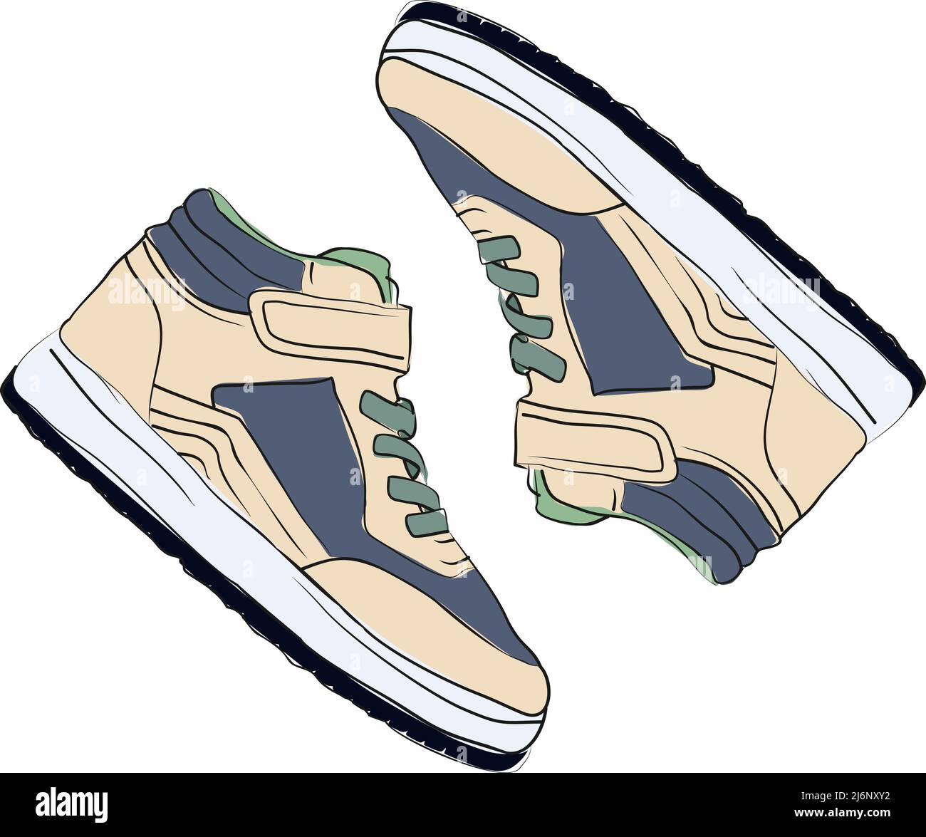 Illustrazione delle sneakers di moda di colore chiaro, sneaker con vista dall'alto, design piatto, scarpe da disegno Sketch Concept, scarpe sportive di colore grigio, verde e pelle Illustrazione Vettoriale