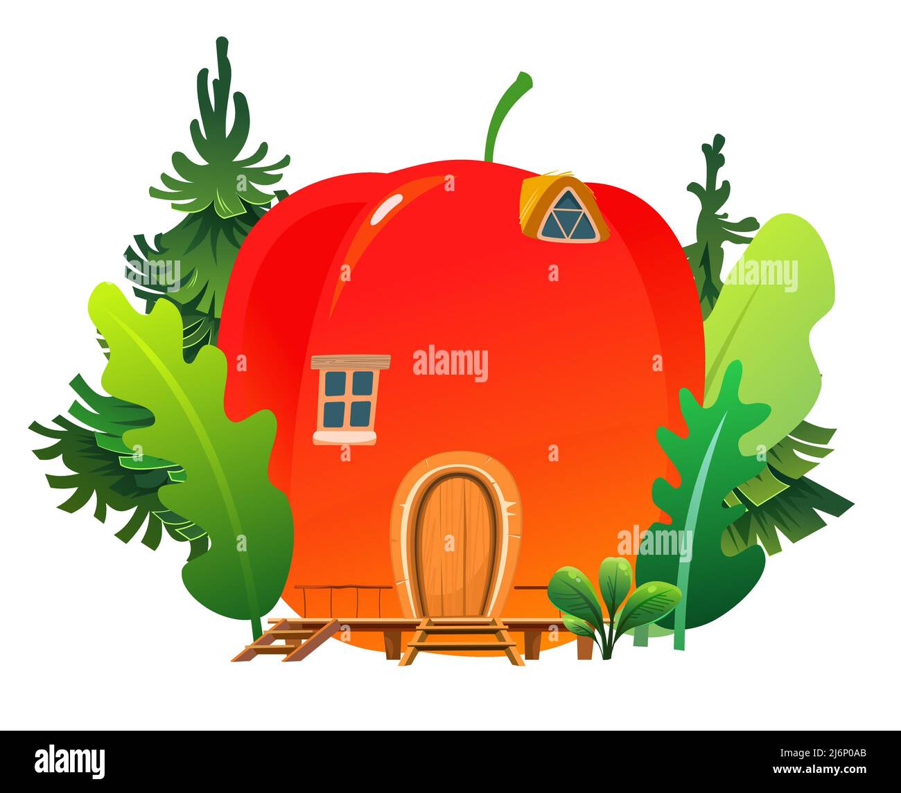 Casa fatta di mela tra erba in prato. Illustrazione di fiaba di cartone animato. Insetto abitazione. Isolato su sfondo bianco. Vettore Illustrazione Vettoriale