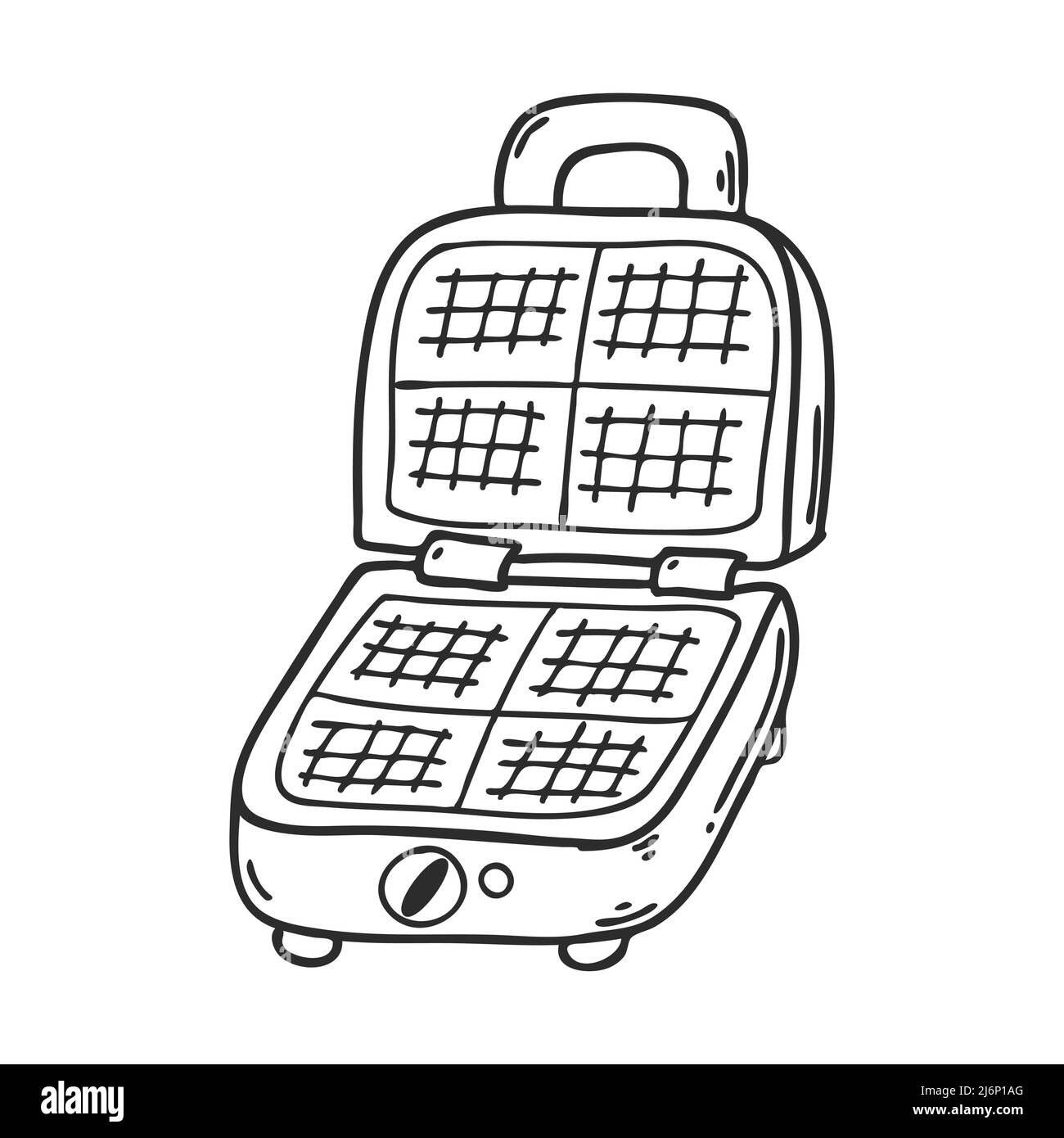 Ferro da stiro elettrico per waffle in stile Doodle. Elettrodomestici da cucina per la cottura dei waffle. Elemento di design per la progettazione di menu, ricette e confezionamento di alimenti. Disegnato a mano Illustrazione Vettoriale
