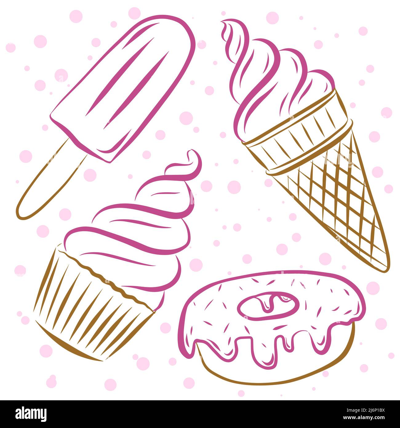 Illustrazione vettoriale a colori. Set di cupcake, gelato in un corno, popsicle e ciambelle. Gli elementi sono disegnati a mano e isolati su uno sfondo bianco.obje Illustrazione Vettoriale