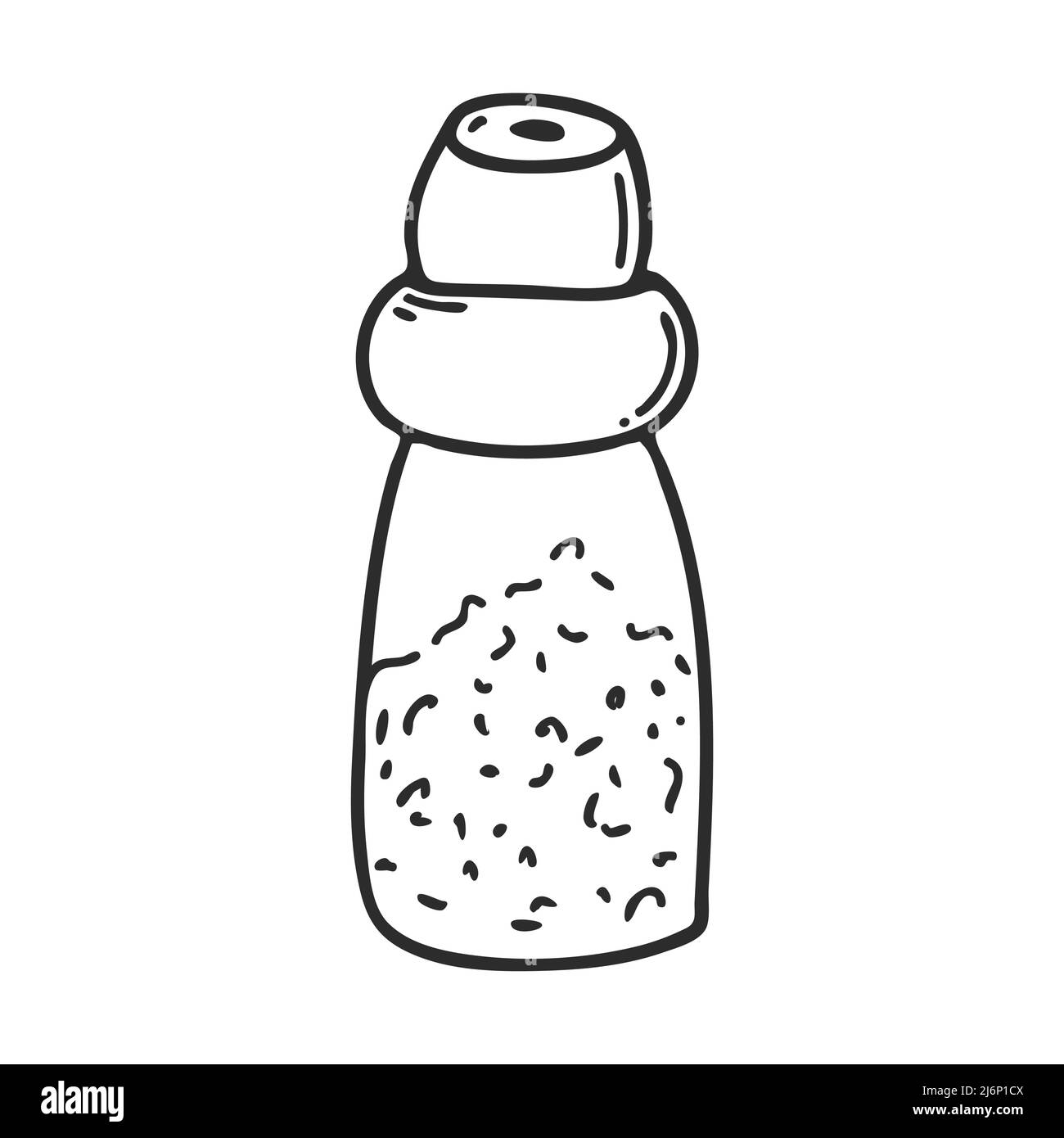 Shaker al peperoncino con un mulino in stile doodle. Utensili da cucina, inventario. Elemento per la progettazione di riviste, packaging, menù, ricette. Mano d Illustrazione Vettoriale