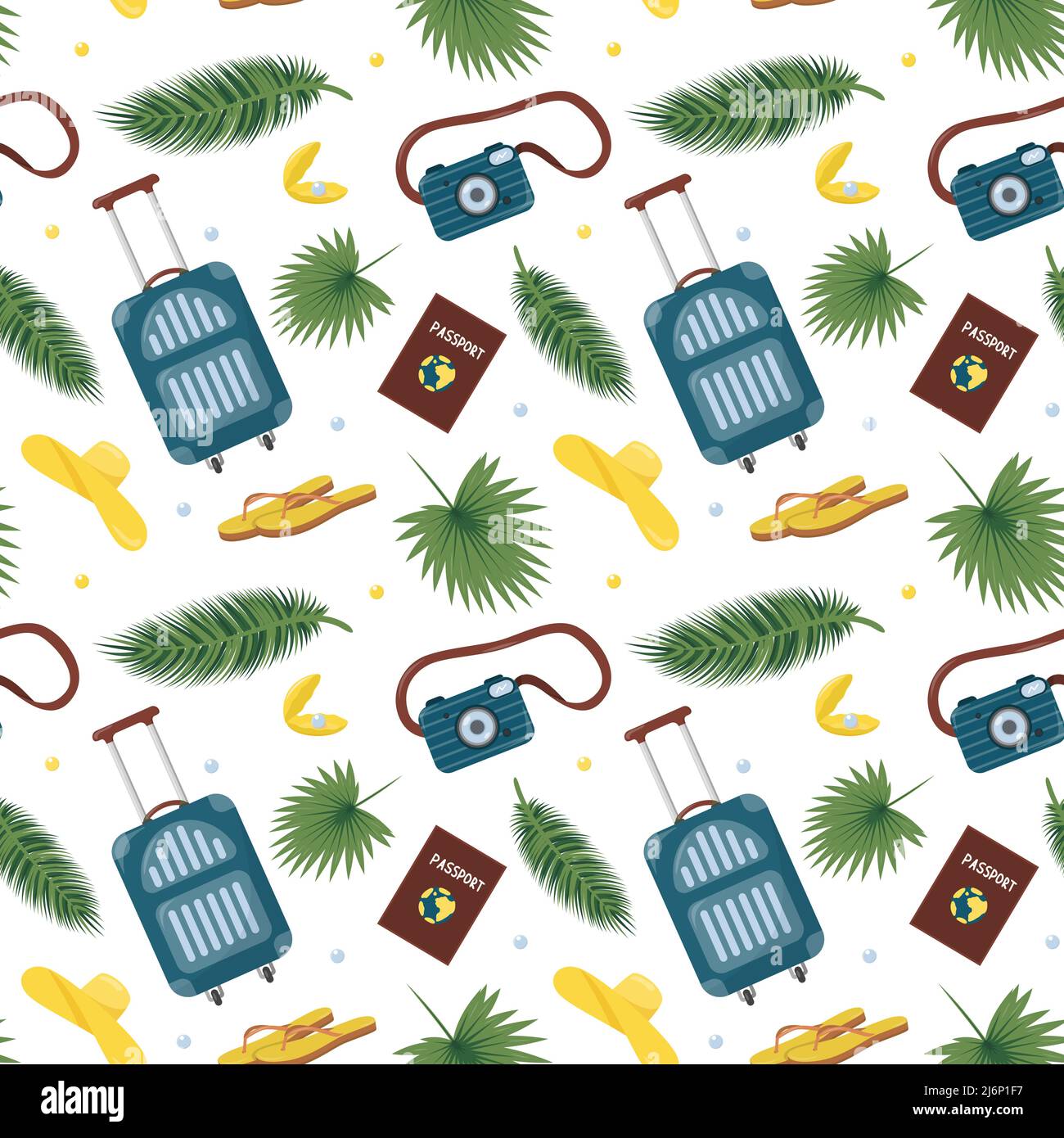 Modello senza cuciture con foglie tropicali, monstera, valigia, infradito, stile Passport.Flat.Pattern sul tema del viaggio su sfondo bianco. Colore Illustrazione Vettoriale