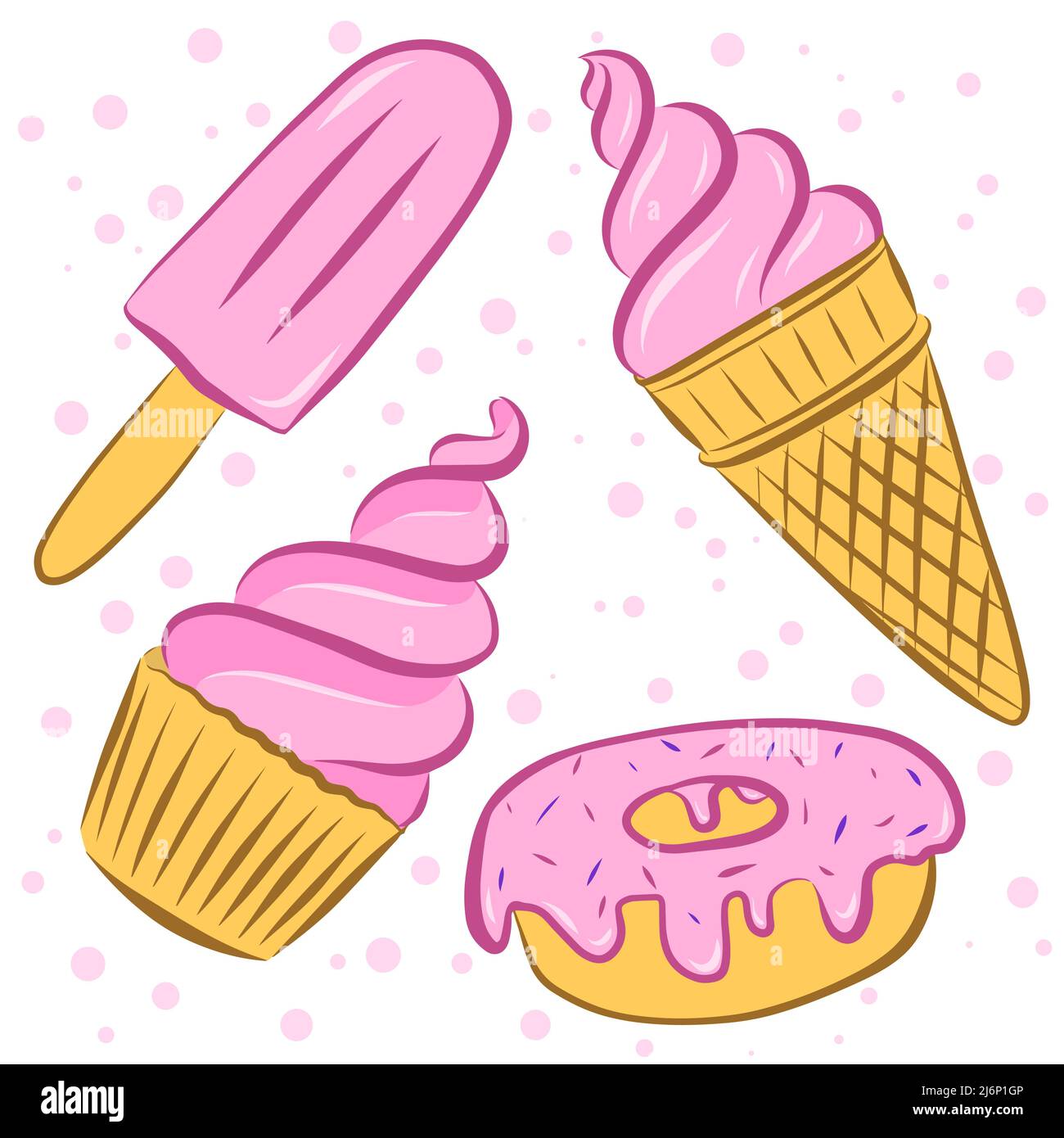 Illustrazione vettoriale a colori. Set di cupcake, gelato in un corno, popsicle e ciambelle. Gli elementi sono disegnati a mano e isolati su bianco. Per la progettazione di pa Illustrazione Vettoriale