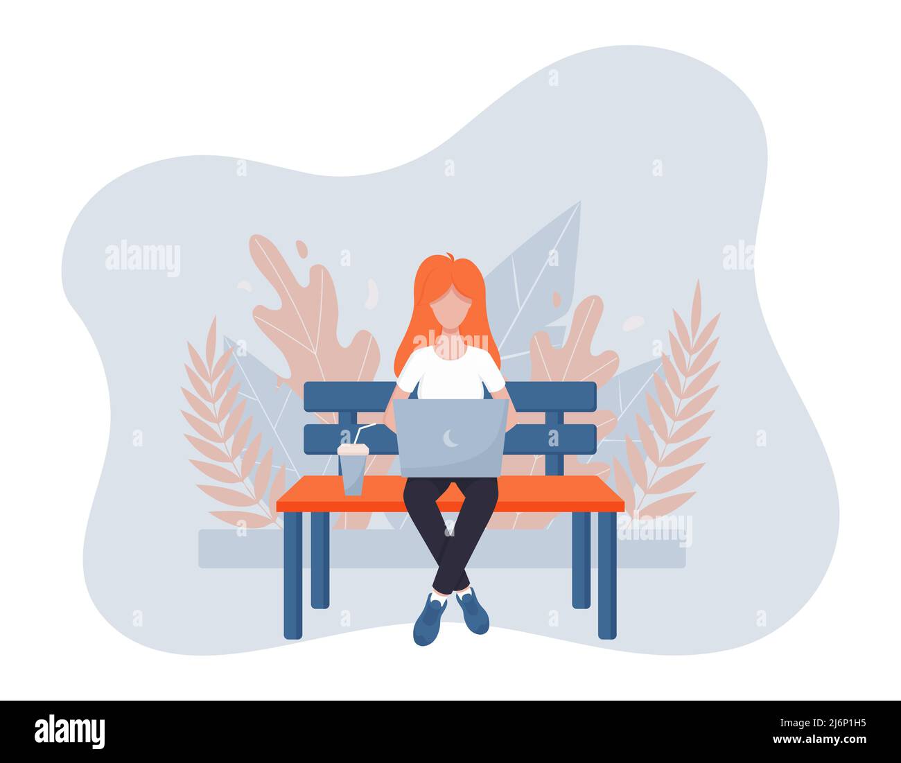 Il concetto di lavoro remoto.Redhead ragazza seduta a gambe incrociate su una panca di parco e di lavoro in un computer portatile. Disegno vettoriale a colori.stile piatto. Riassunto b Illustrazione Vettoriale