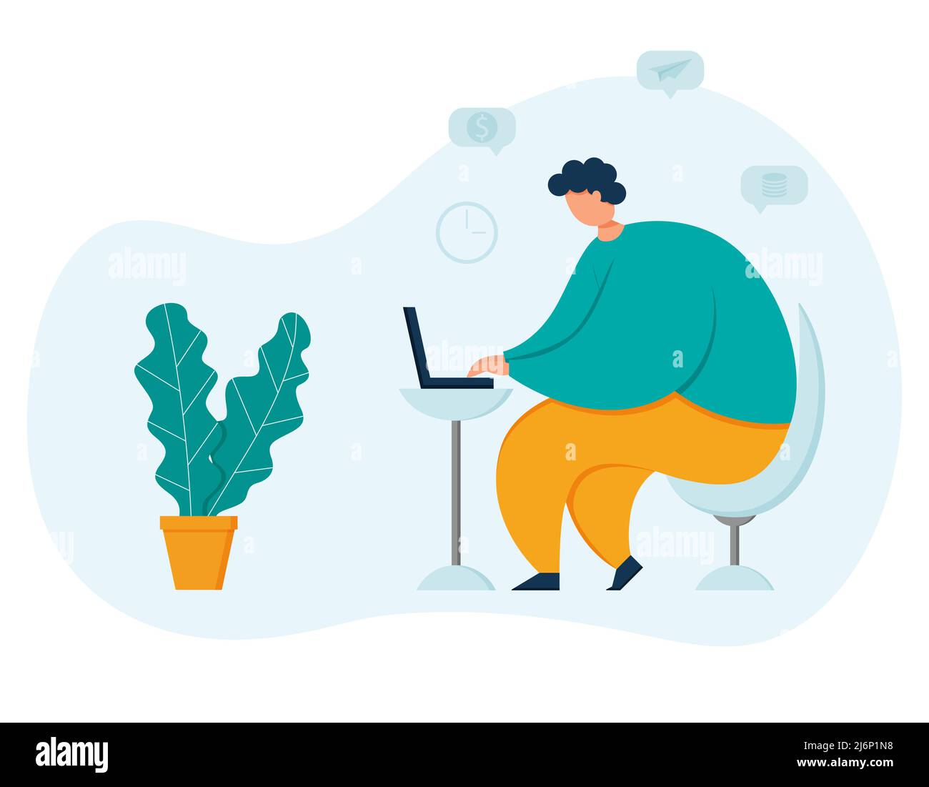 Obese giovane freelance maschile che lavora a un portatile. Simboli di denaro e di affari. Ufficio domestico con una scrivania moderna e sedia. Il concetto di lavoro a distanza. Illustrazione Vettoriale