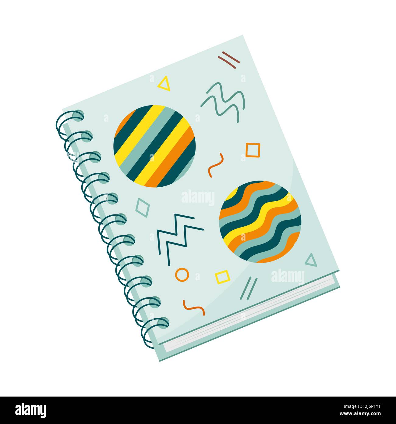.Notebook a spirale chiusa per note. Stile piatto. Copertina con forme astratte. Cancelleria per scrittura e disegno. Illustrazione vettoriale a colori. Elemento isol Illustrazione Vettoriale
