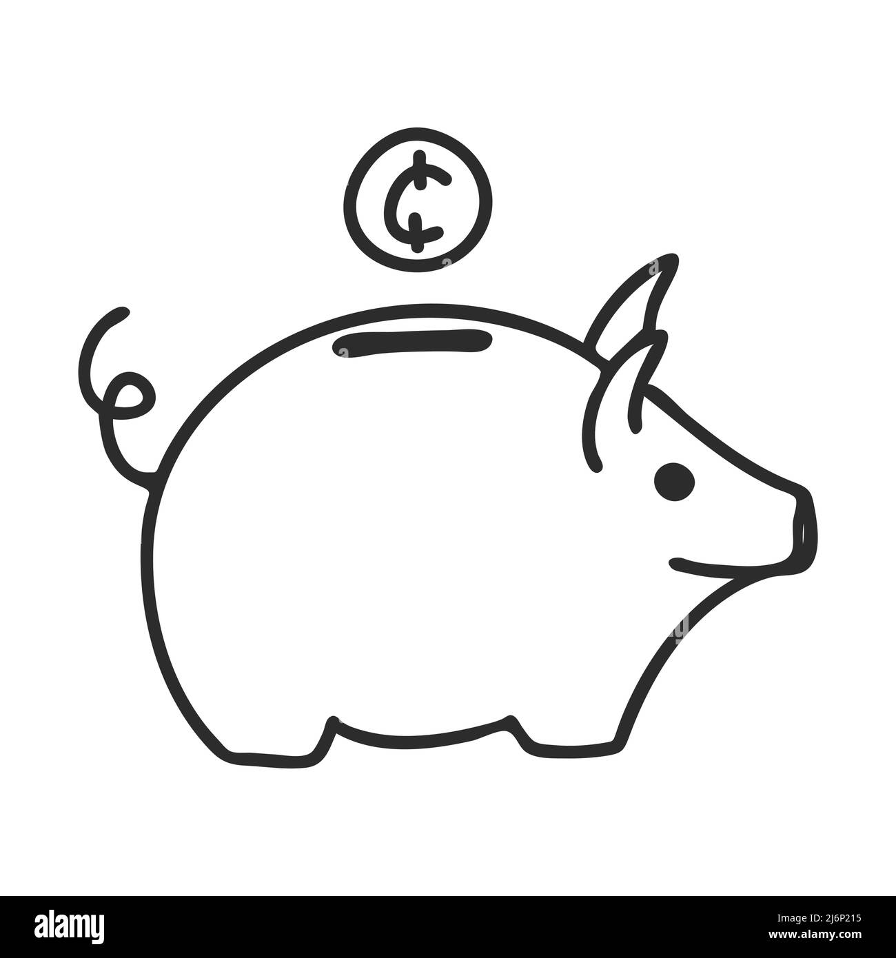 Piggy Bank in stile Doodle. Il simbolo del risparmio. Disegnato a mano e isolato su sfondo bianco. Illustrazione vettoriale in bianco e nero. Illustrazione Vettoriale