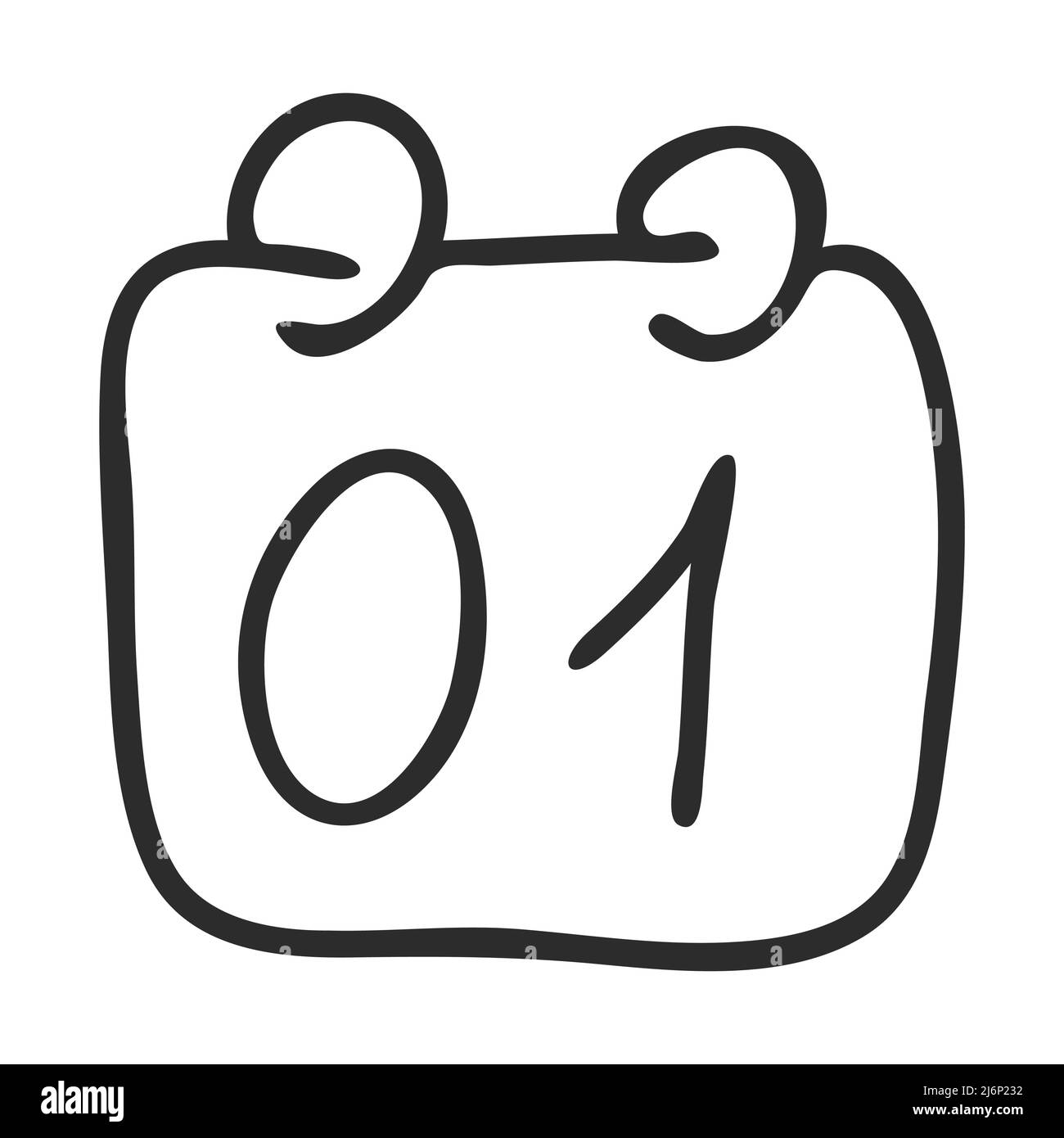 Il primo giorno del calendario in stile Doodle. La data del calendario, il primo numero, il simbolo dell'inizio . L'icona è disegnata a mano e l'isola Illustrazione Vettoriale