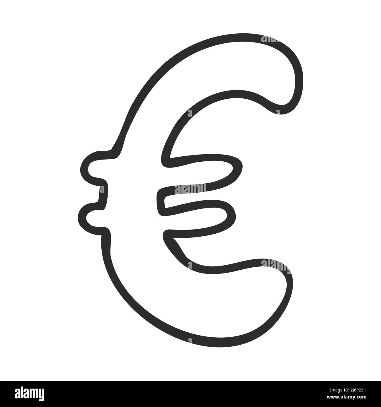 Simbolo di valuta euro in stile Doodle. Valuta internazionale. Disegnato a mano e isolato su sfondo bianco. Illustrazione vettoriale in bianco e nero Illustrazione Vettoriale