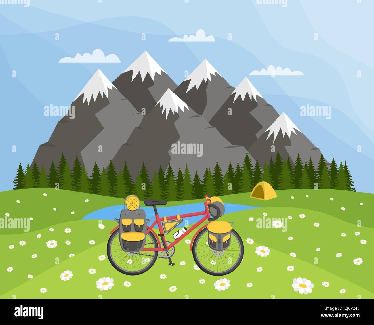 Paesaggio naturale con un prato camomilla e montagne e una tenda sullo sfondo. Il concetto di viaggi in bicicletta con zaini e borse. Bikepackin Illustrazione Vettoriale