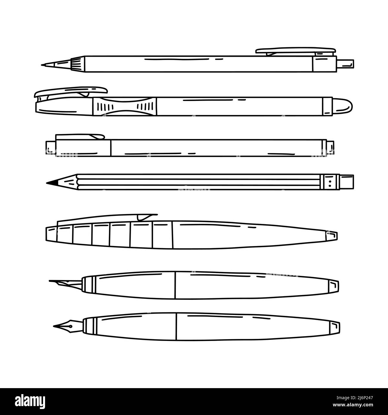 Set di penne, matite automatiche e regolari, penna per calligrafia. Cancelleria per scrittura e disegno. Forniture scolastiche. Vettore bianco e nero. Stile Doodle Illustrazione Vettoriale