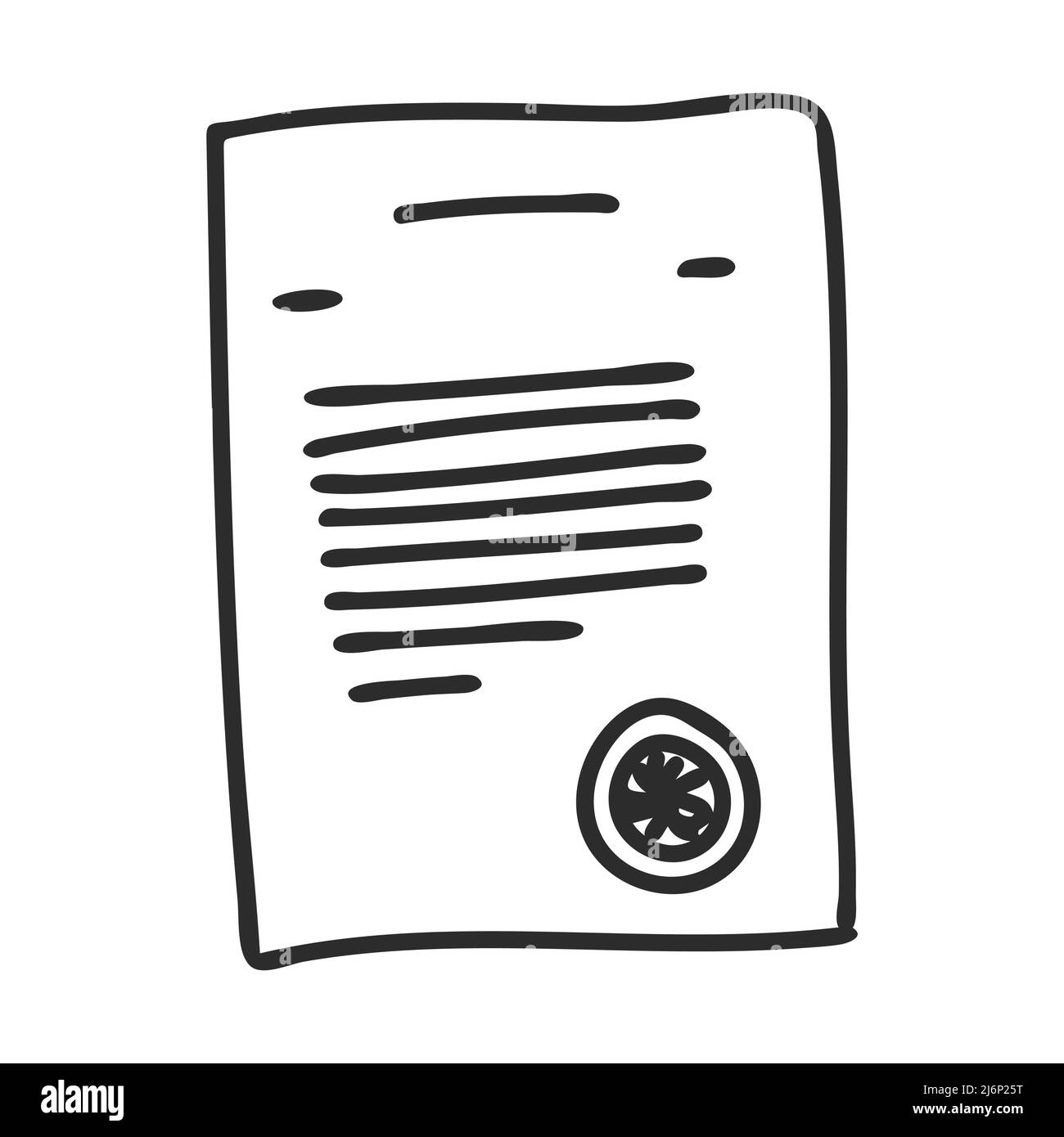 Un contratto con un francobollo in stile Doodle. Simbolo di una transazione, conferma di un accordo o di un'azienda. Viene disegnato un semplice disegno in bianco e nero Illustrazione Vettoriale