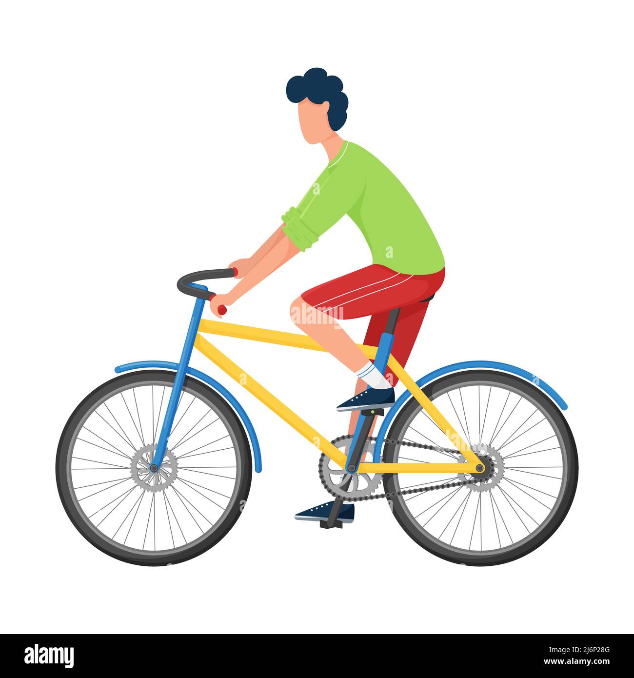 Un giovane uomo guida una bicicletta in abiti casual e sneakers luminosi. Stile piatto. Allenamento sportivo, stile di vita attivo. Illustrazione vettoriale a colori. Isolato Illustrazione Vettoriale