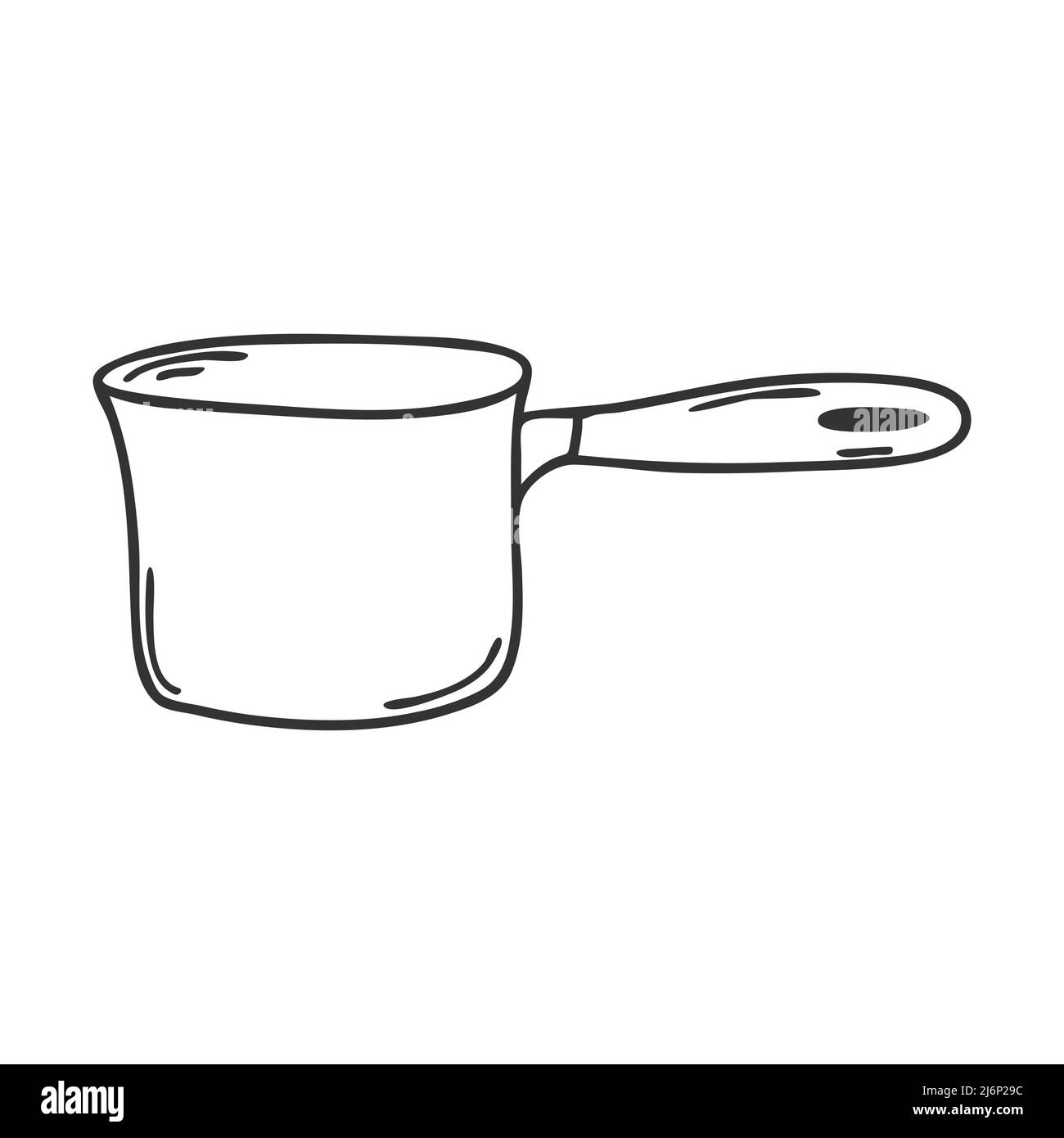 Stufato-piatto con manico. Utensili da cucina, coolware. Elemento di design per la decorazione di menu, ricette e confezionamento di alimenti. Disegnato a mano e isolato su bianco. B Illustrazione Vettoriale