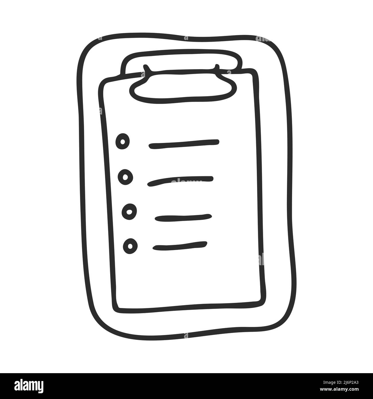 Elenco delle cose da fare su un tablet in stile Doodle. Elenco di controllo per contrassegnare un'attività come completata. L'icona è disegnata a mano e isolata su sfondo bianco. Nero e. Illustrazione Vettoriale