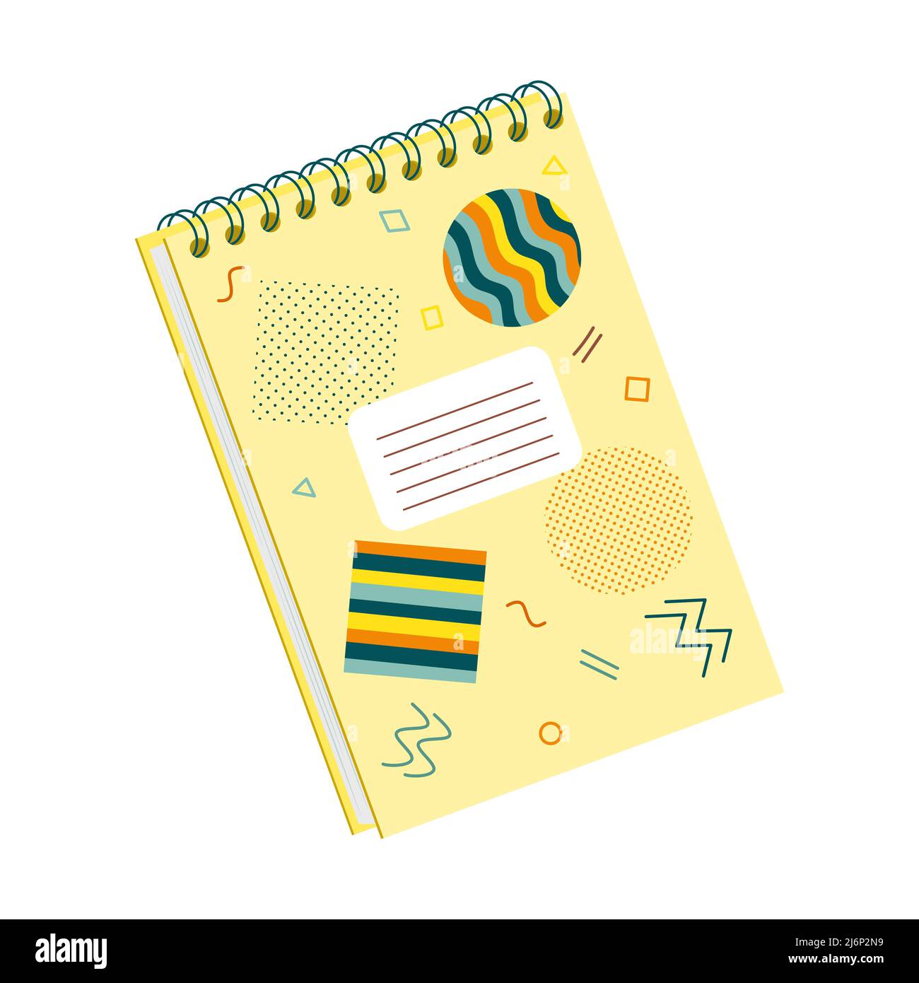Notebook chiuso a spirale per appunti. Stile piatto. Copertina con forme astratte. Cancelleria per scrittura e disegno. Illustrazione vettoriale a colori. Elemento isola Illustrazione Vettoriale