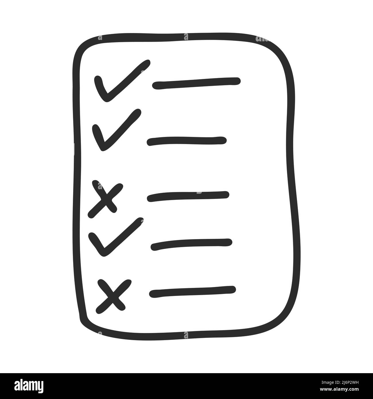Un elenco di cose da fare in stile Doodle. Elenco di controllo per contrassegnare un'attività come completata. L'icona è disegnata a mano e isolata su sfondo bianco. Vettore bianco e nero Illustrazione Vettoriale