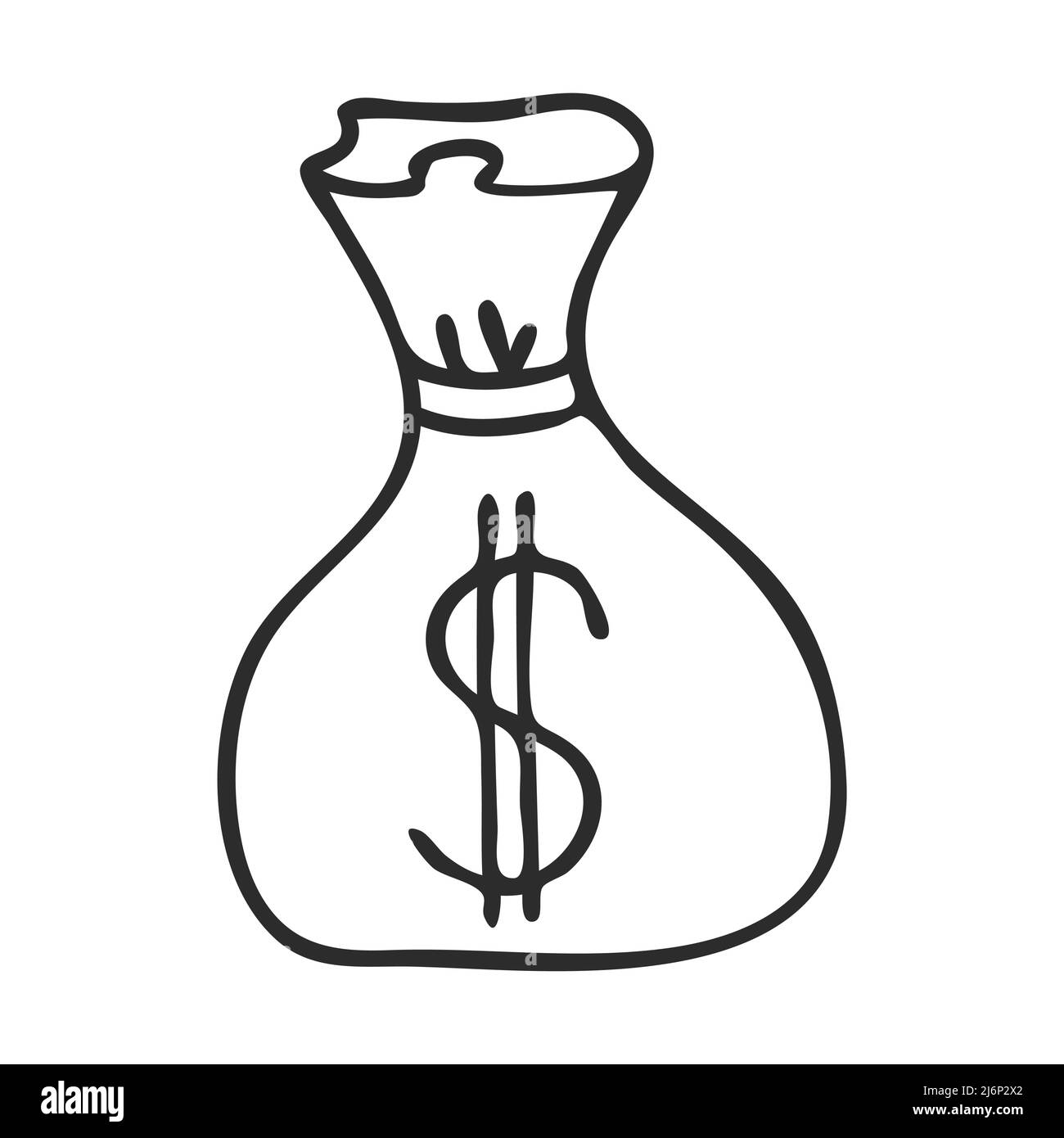 Un sacchetto di soldi con un simbolo del dollaro. Stile Doodle. Simbolo di ricchezza, Banca, capitale. Una semplice illustrazione in bianco e nero è disegnata a mano e isolata o Illustrazione Vettoriale