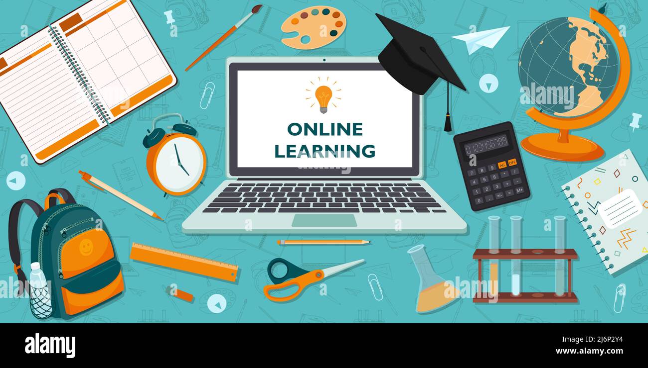 Una serie di elementi di progettazione sul tema dell'apprendimento online, delle scuole e dell'istruzione. Concetto del banner. Stile piatto.orizzontale. Lo sfondo è un pa Illustrazione Vettoriale