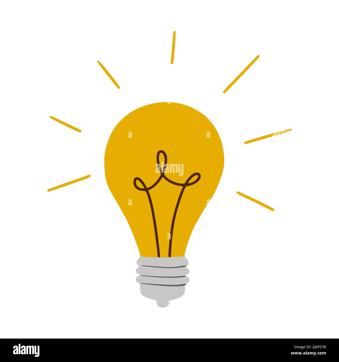 Una lampadina a luce che brucia in stile piatto. Un simbolo di nuove idee e di inizi. Stile Doodle. Isolato su sfondo bianco. Illustrazione vettoriale a colori Illustrazione Vettoriale