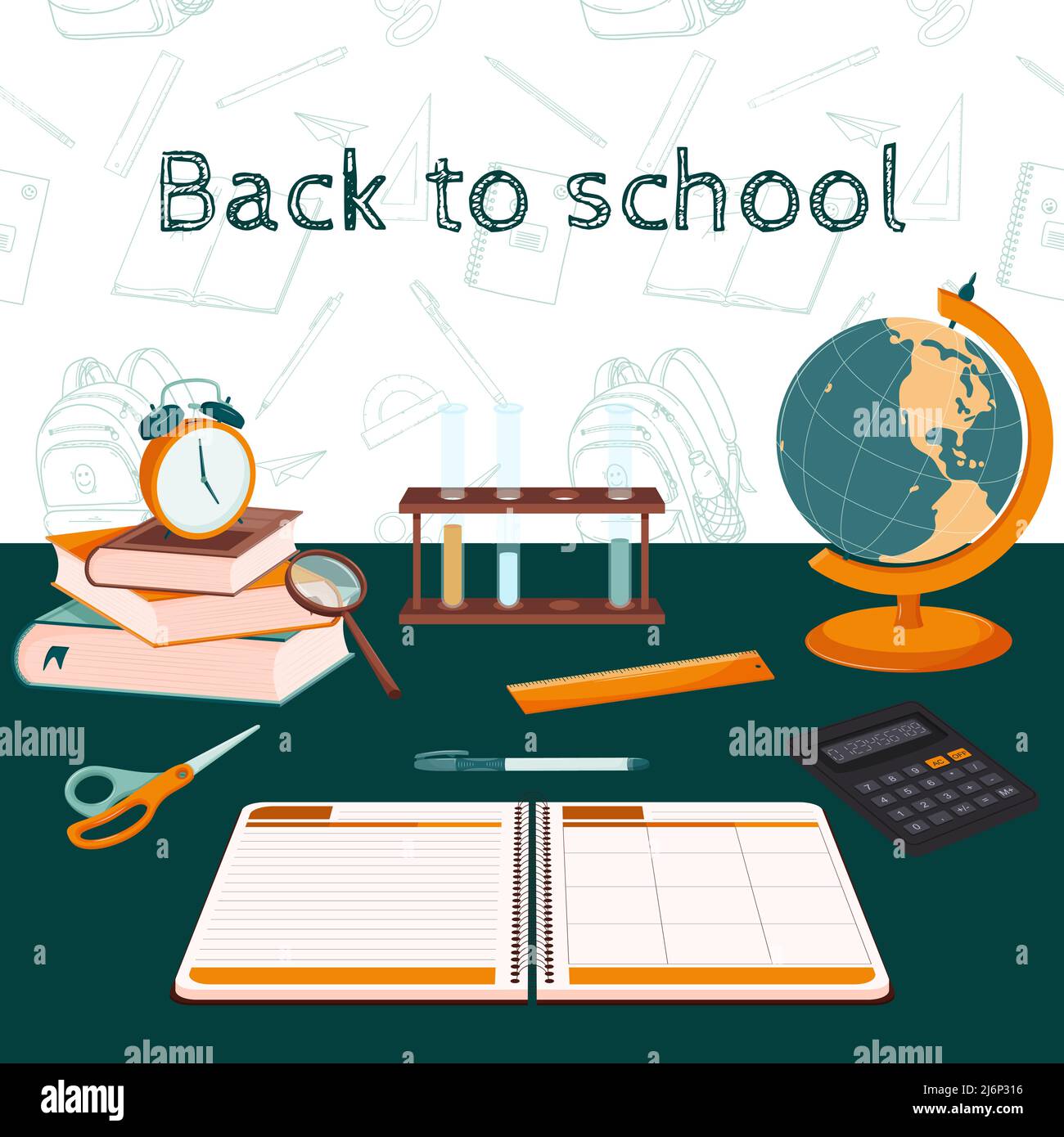 Una serie di elementi di design sul tema Torna alla scuola, formazione online. Concetto. Stile piatto. Forma quadrata. Lo sfondo è un modello di Eleme Doodle Illustrazione Vettoriale