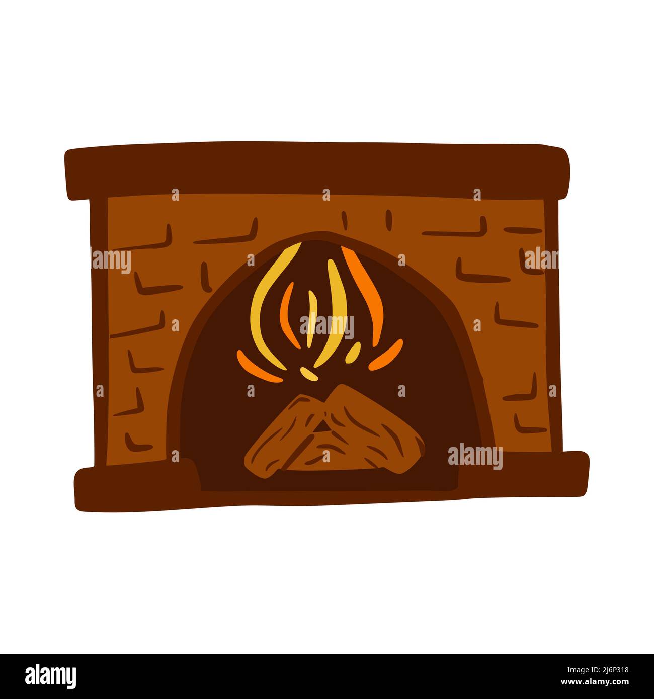 Camino con legno ardente in stile Doodle. Simbolo di calore e casa accogliente. Un disegno semplice è disegnato a mano. Igge. Isolato su bianco. Colore ve Illustrazione Vettoriale