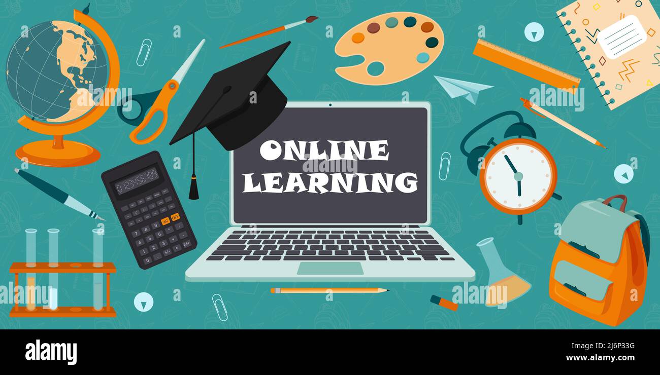 Una serie di elementi di progettazione sul tema dell'apprendimento online, delle scuole e dell'istruzione. Concetto del banner. Stile piatto.orizzontale. Lo sfondo è un pa Illustrazione Vettoriale