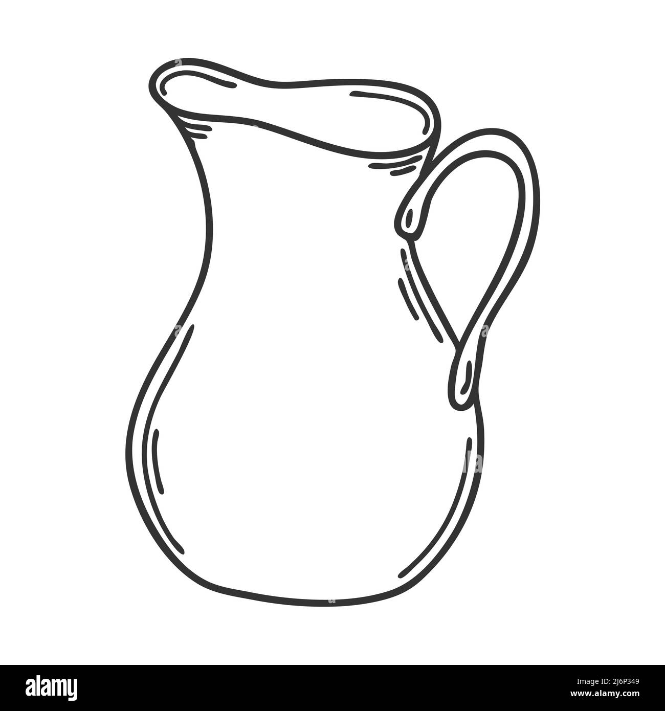 Una caraffa per il latte in stile Doodle. Utensili da cucina, pentole. Elemento di design per la decorazione di menu, ricette e confezionamento di alimenti. Imbutita e isolata a mano su wh Illustrazione Vettoriale