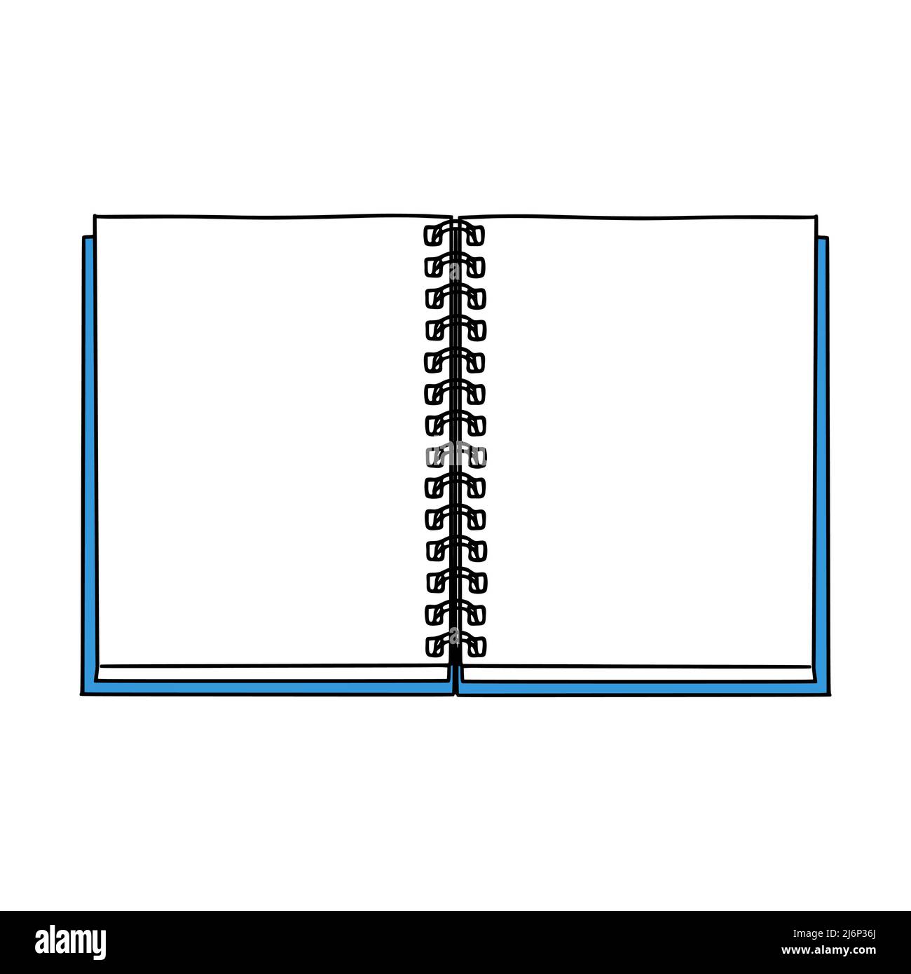 Apri blocco note su una spirale in stile Doodle. Spazio per il testo. Forniture per ufficio per appunti o disegni. Un elemento di design dor scuola, studio, Hobby. Colon Illustrazione Vettoriale