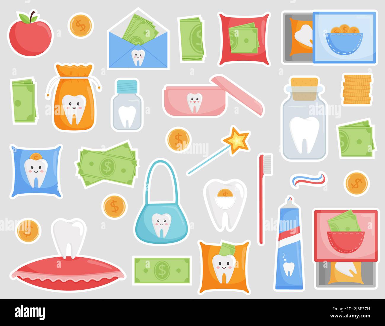 Set di adesivi sul tema della perdita dei denti e odontoiatria dei bambini. Borse, scatole, giare per la fata del dente. Soldi, monete per un dente perso. Il design Illustrazione Vettoriale